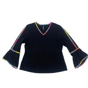 Berek Women's Size L Black V Neck Long Sleeve Shirt Colorful Trim